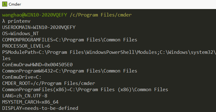 在 Windows 系统中通过 Cmder 执行 printenv 命令